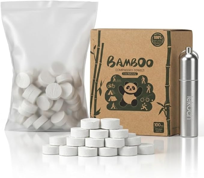 LEKOCH Compressed Towel Tablets - Bamboo Portable Camping Paper Tablets, Great for Hiking, Travel and Backpacking - Disposable Washcloths, Body Wipes, Coin Tissue (100 Pack with Metal Cases)