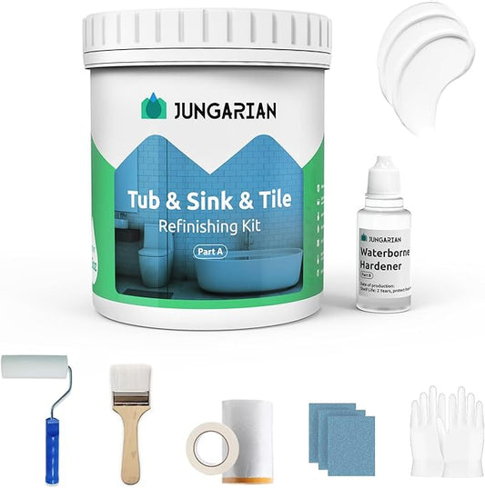 Tub and Tile Refinishing Kit 17.5oz with Tools, Low Odor DIY Bathroom Paint Sink Tub Countertop Tile White Coating Resurface Paint for Bathroom Kitchen Porcelain Fiberglass, Semi-Gloss White
