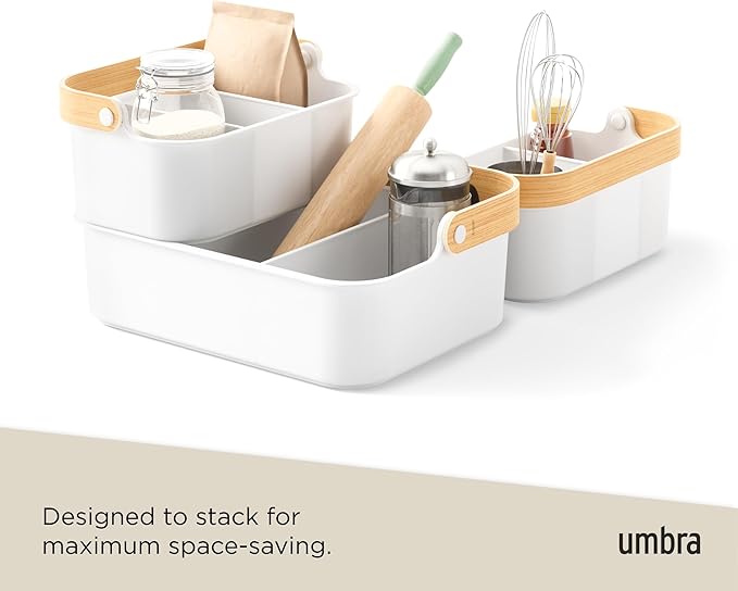 Umbra Bellwood Stackable Bin, 11" x 7" Durable Lightweight Container with Wooden Handle and Removable Dividers, White/Natural
