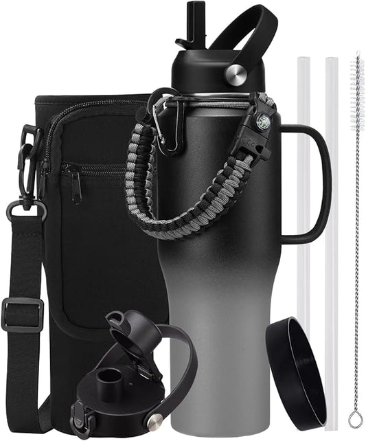 Insulated Water Bottle 32 oz Tumbler with Handle and Straw - Stainless Steel Water Bottle that Fits in Cup holder, Keep Cold 48h & Hot 24h, Double Wall Thermo Flask Coffee Tumbler Travel Mug