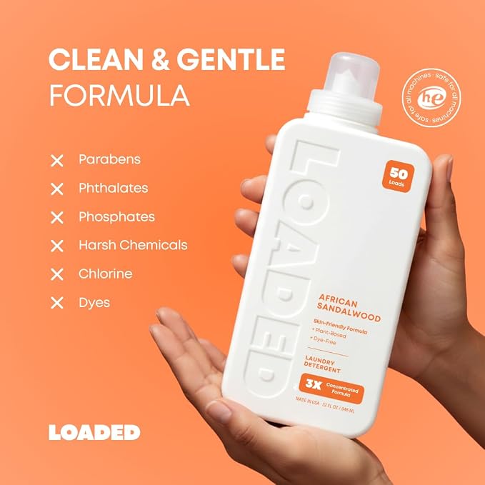 Loaded Laundry Detergent, Luxury Cologne Scented | 50 Loads | Sandalwood & Vanilla | Skin-Friendly & Plant-Based | Made in USA | 32 oz