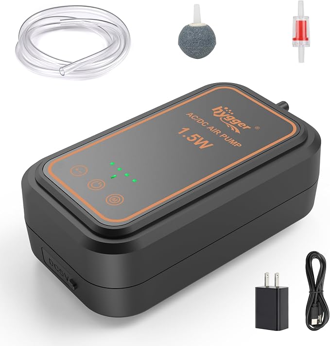hygger Aquarium Air Pump, Rechargeable Portable Oxygen Pump with Single/Dual Outlets, Ultra Quiet Battery Powered Air Bubbler for Fish Tank up to 200 Gallo