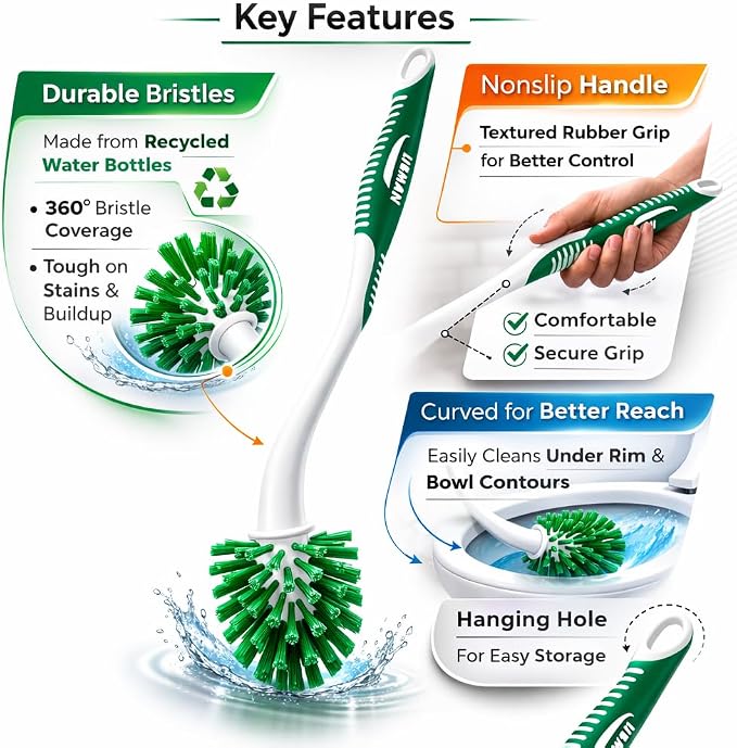 LIBMAN Curved Toilet Brush - 3 Pk Angled Toilet Bowl Brush with Long Handle - Bathroom Bowl Cleaning
