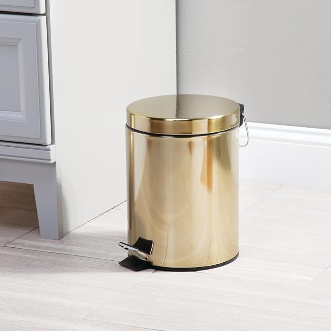 mDesign Metal Steel/Plastic Toilet Bowl Brush/Holder and Round 1.3 Gallon/5L Step Trash Can Combo Set for Bathroom; Holds Trash, Recycling, Deep Cleaning, Mirri Collection, Brass