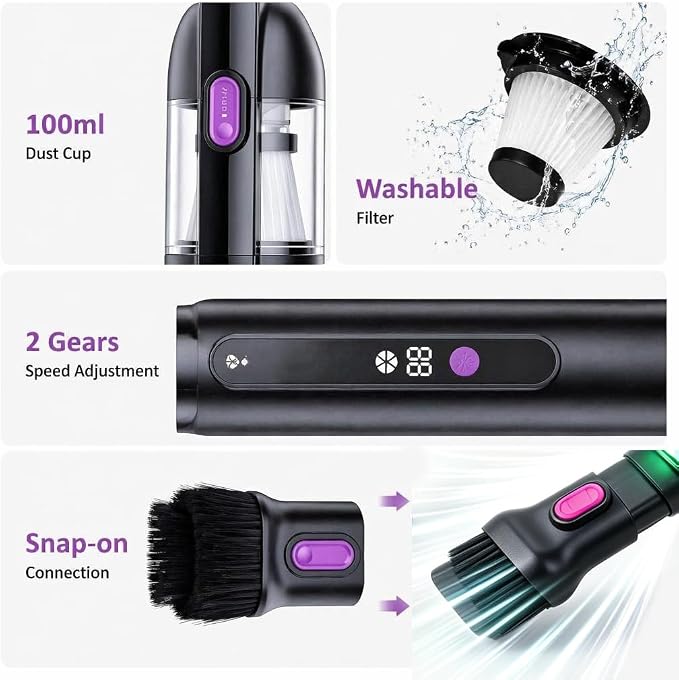 Handheld Car Vacuum Cleaner 15000Pa Cordless Mini Vacuum 3-in-1 Dust Buster with Blower & Inflator, 40000RPM Brushless Motor, LED Display, USB Rechargeable for Pet Hair, Home, Office