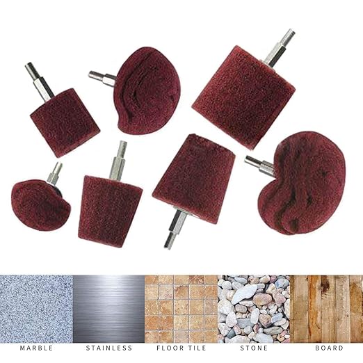 Polishing Brushing Shaped scouring pad Grinding Head - 7 Pcs Red Non Woven Abrasive Drill Buffing Attachment Set with 1/4 Handle for Manifold/Aluminum/Stainless Steel/Chrome etc