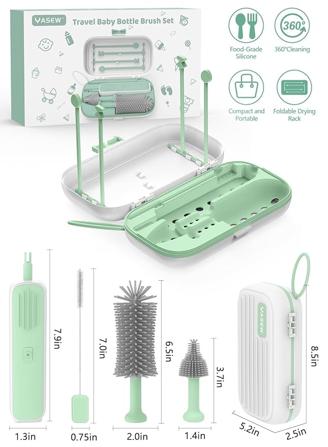 Electric Baby Bottle Brush Cleaner for Travel – BPA-Free Silicone, One-Button 360° Deep Cleaning, 2000mAh Rechargeable, Portable Bottle Cleaning Kit with Storage Box for Home & On-The-Go