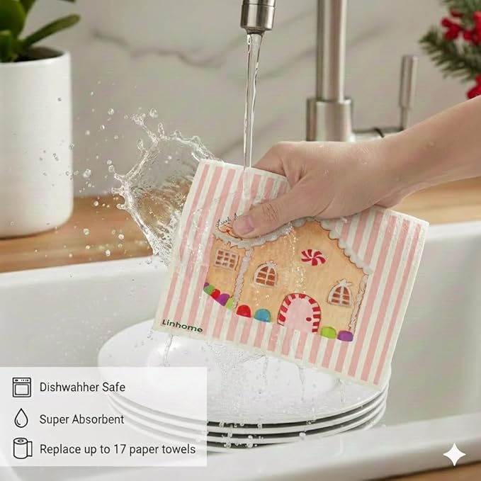 Holiday Christmas Swedish Dishcloth – Reusable Paper Towel Alternative, Ultra-Absorbent Cellulose/Cotton, Machine Washable & Compostable (Gingerbread House, 1-Pack)