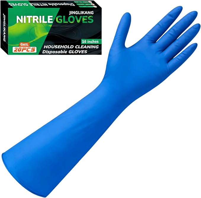 16 inch Nitrile Disposable Gloves Long Sleeved Blue 6Mil Durable Waterproof Latex Free Cleaning Dishwashing 50PCS