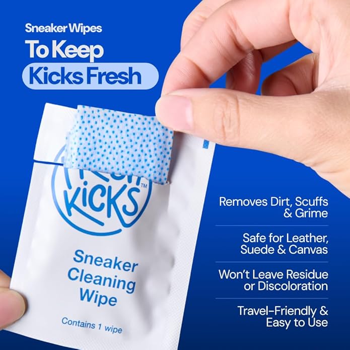 FRESH KICKS Sneaker Wipes Cleaner – 25 – Pack Quick Wipes for Sneakers On-the-Go – Safe on Leather, Suede & White Shoes – Shoe Cleaning Wipes Remove Dirt & Stains – Travel Shoe Cleaner Kit Essential
