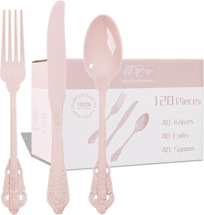 WDF 120 Pieces Heavy Duty Pink Plastic Cutlery Set - Disposable Utensils - Disposable Flatware Includes 40 Forks, 40 Spoons, 40 Knives for Party Baby Shower Wedding Spring