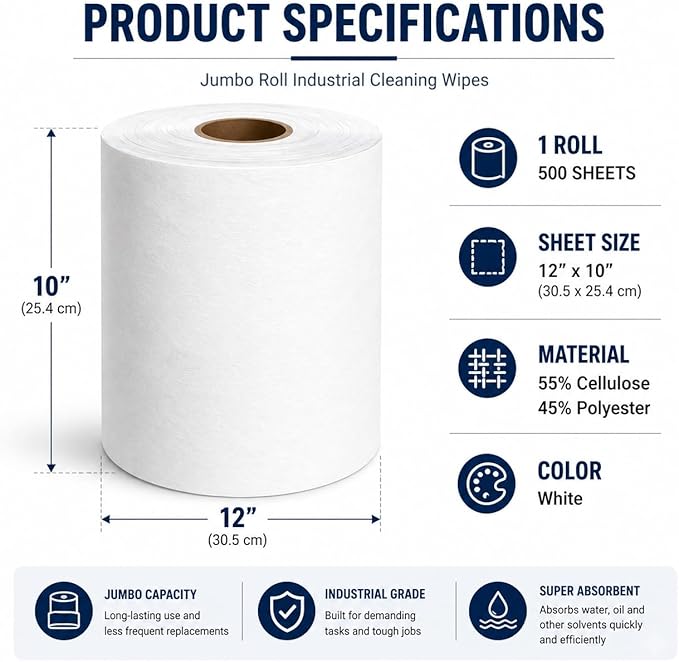4 Rolls Industrial Cleaning Wipes Jumbo Roll, Heavy Duty Lint Free Shop Towels, Super Absorbent Reusable Cleaning Cloths for Garage Workshop Automotive, 500 Sheets 10 x 12 Inch (White, 10"X12")