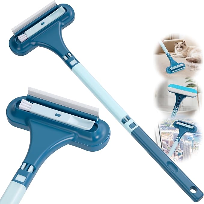 2-in-1 Screen Cleaning Brush with Squeegee - Window Mesh Cleaner & Pet Hair Remover for Couch, Multi-Use Crevice Tool for Patio and Porch Screens (Cyan Blue)