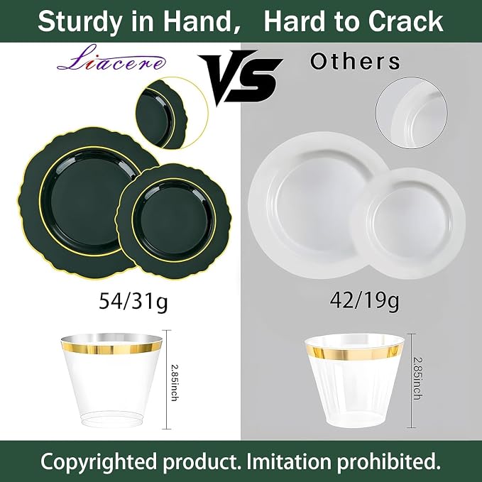 Liacere 350PCS Green Plastic Plates - Dark Green Disposable Plates With Gold Rim - 50Guest Baroque Plastic Dinnerware include 100Plates-50Pcs Pre Rolled Napkins with Silverware 50Cups for Party