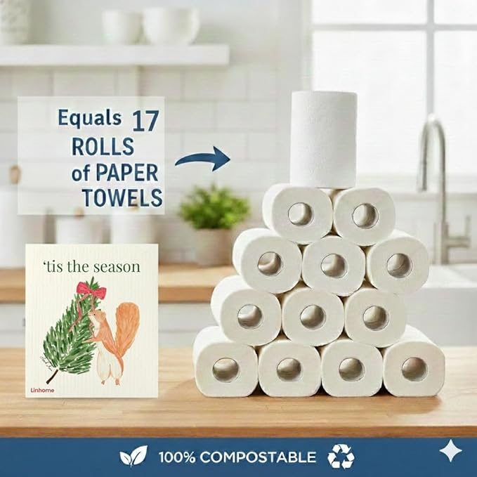 Christmas Holdiay Swedish Dishcloth, Reusable Paper Towel, Super Absorbent Cellulose Sponge, Washable Kitchen Cleaning Cloth ('Tis The Season - 1 Pack)