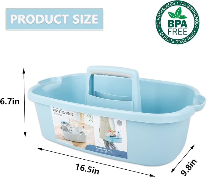 JiatuA Large Cleaning Supplies Organizer with Handle Portable Shower Caddy Basket Plastic Bucket Tool Storage for Bathroom, Bedroom, Kitchen, College Dorm, Under Sink, Garden, Blue & Light Grey