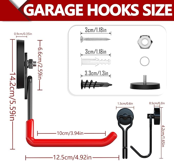 3-H Extra Strong Magnetic Hooks,Heavy Duty Large Anti-Slip Magnet Hooks U Shape,No-Drill Tool Holder for Garage,Power Drill,Garden Tools,Hose Storage,2 Pack Red