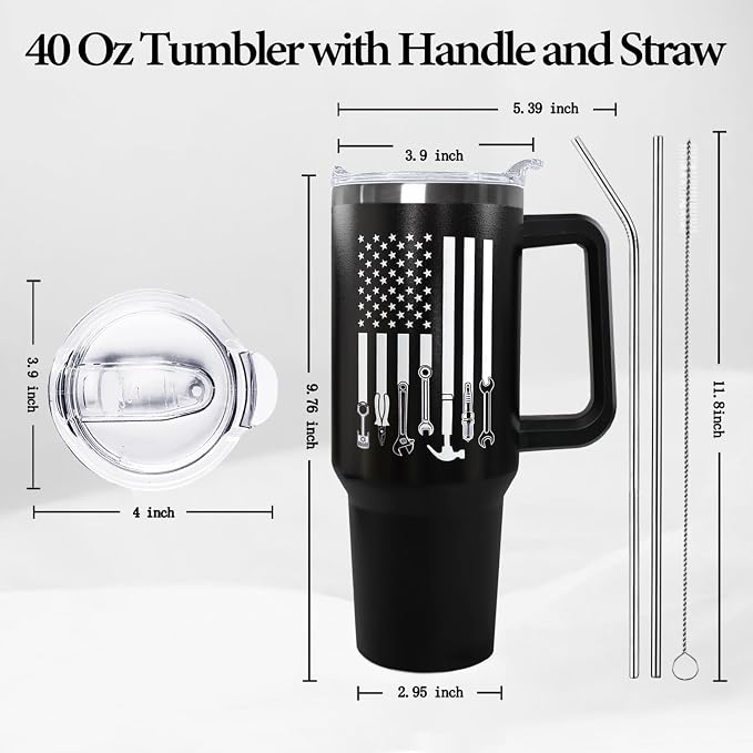 Ceovfoi Mechanic Gifts for Men, 40 oz Mechanic American Flag Stainless Steel Tumbler with Handle Lid and Straw, Mechanic Stuff Supplies Accessories