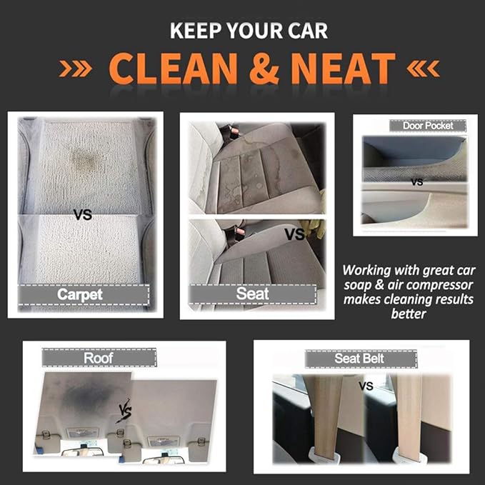 Car Detailing Kit Car Interior Cleaner Turbo Car Cleaning Gun Pro & at Home Interior Car Cleaning Supplies Kit for Upholstery Carpet Seat Headliner, Pressure Sprayer, Air Compressor Needed