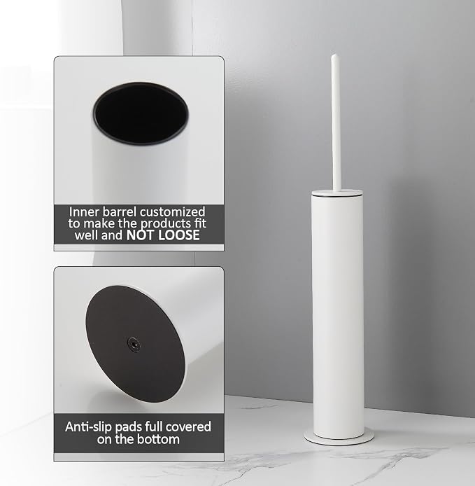 BGL Toilet Brush with Holder Set White Aluminium Standing for Bathroom Toilet Bowl Cleaner Brush and Holder Set, Round Design