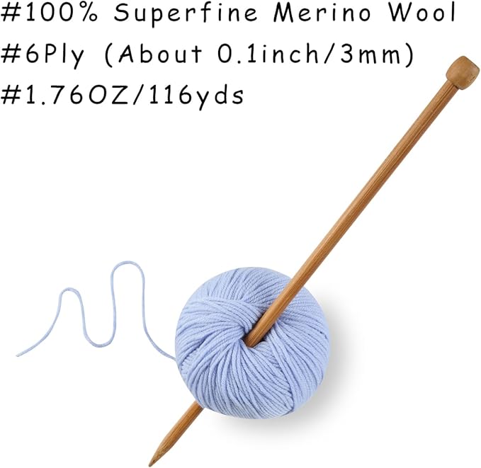100% Merino Wool Yarn, 6-Ply Luxurious and Soft Yarn for Hand Knitting & Crocheting, 1.76 OZ/50g, 127 yds/116 Meters (Baby Blue, 1 Ball)