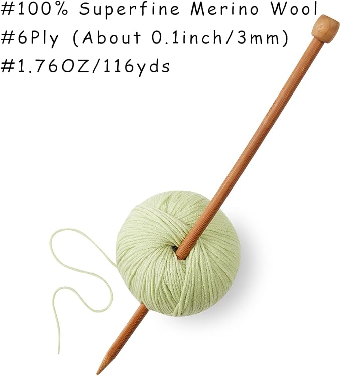 100% Merino Wool Yarn, 6-Ply Luxurious and Soft Yarn for Hand Knitting & Crocheting, 1.76 OZ/50g, 127 yds/116 Meters (Tender Green, 3 Balls)