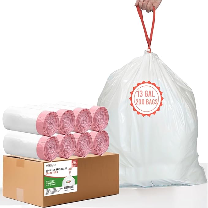 BEIDOU-PAC 13 Gallon Trash Bags Drawstring, 200 Count, White & Unscented Garbage Bags, Multi-purpose Tall Kitchen Trash Bags Can Liners for Business Home Commercial and Industrial