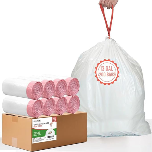 BEIDOU-PAC 13 Gallon Trash Bags Drawstring, 200 Count, White & Unscented Garbage Bags, Multi-purpose Tall Kitchen Trash Bags Can Liners for Business Home Commercial and Industrial