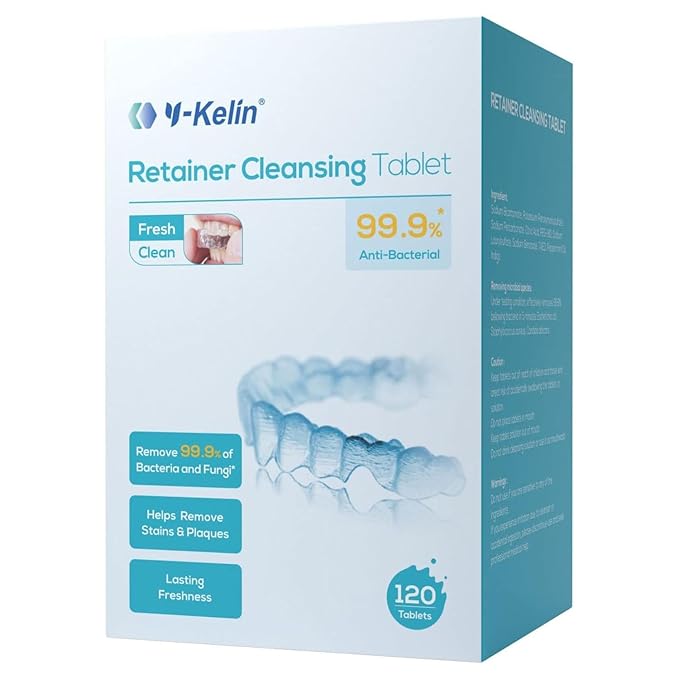 Y-Kelin Retainer and Denture Cleaner 120 Tablets for 4 Months Removes Stains Plaque Odors for Dentures Retainers Mouth Guard and Removable Dental Appliances (120 PCS, Mint Flavor)