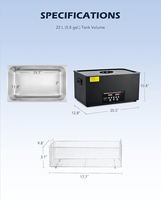 CREWORKS 22L Digital Ultrasonic Cleaning Machine with Degas and Gentle Mode, 480W Ultrasonic Cleaner Machine with Heater and Timer, 5.8 gal Ultrasound Cleaner for Retainer Watch Auto Tool Machine Part
