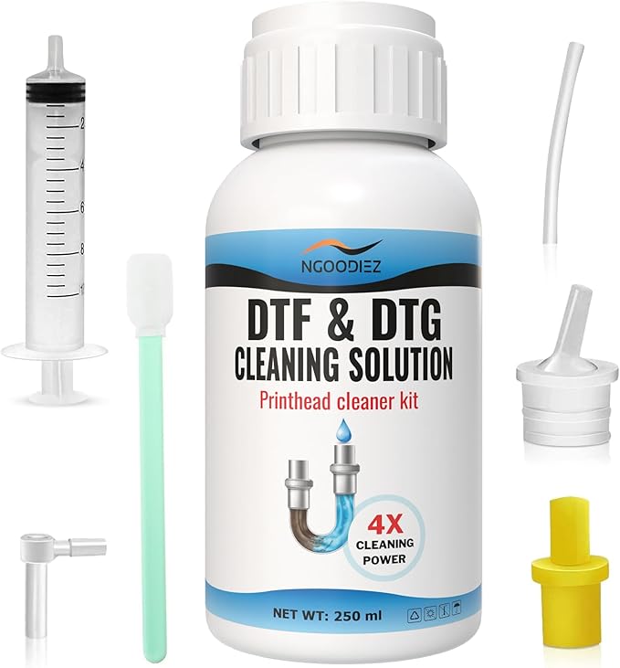 NGOODIEZ DTF Printhead Cleaning Solution Kit for Epson ET-8550 L1800 XP-15000 | DTF DTG Printer Head Cleaner Dissolves White Ink Clogs | Restores Print Quality & Extends Printhead Life - 250mL