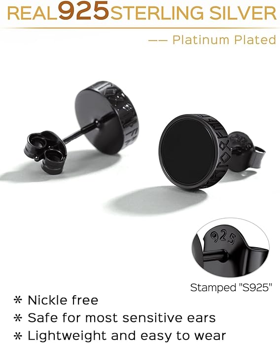 ChicSilver 925 Sterling Silver Viking Rune Natural Black Onyx Stud Earrings For Women Men