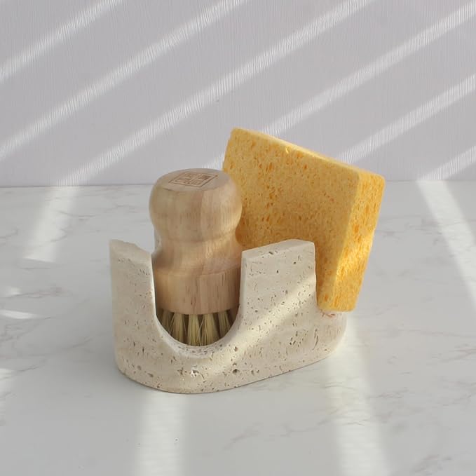 Nawgnail Natural Travertine 2-Slot Sponge Holder for Kitchen Counter, 2-in-1 Stone Drying Rack, Sponge Caddy for Sink Organizer - Beige Travertine