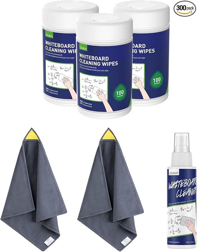 LOUKIN Whiteboard Cleaning Bundle | Whiteboard Cleaning Wipes(100 Wipes) 3 Pack& Magnetic Whiteboard Cleaning Cloth 2 Pack & Non-toxic Whiteboard Cleaner (3.4 fl oz)