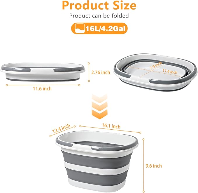 Goderewild Large Collapsible Bucket 16L Two-Pack - Upgraded, Lightweight & Portable Water Bucket for House Cleaning, Camping, Storage - Space-Saving & Multiuse Cleaning Mop Bucket - Grey (2 Pack)