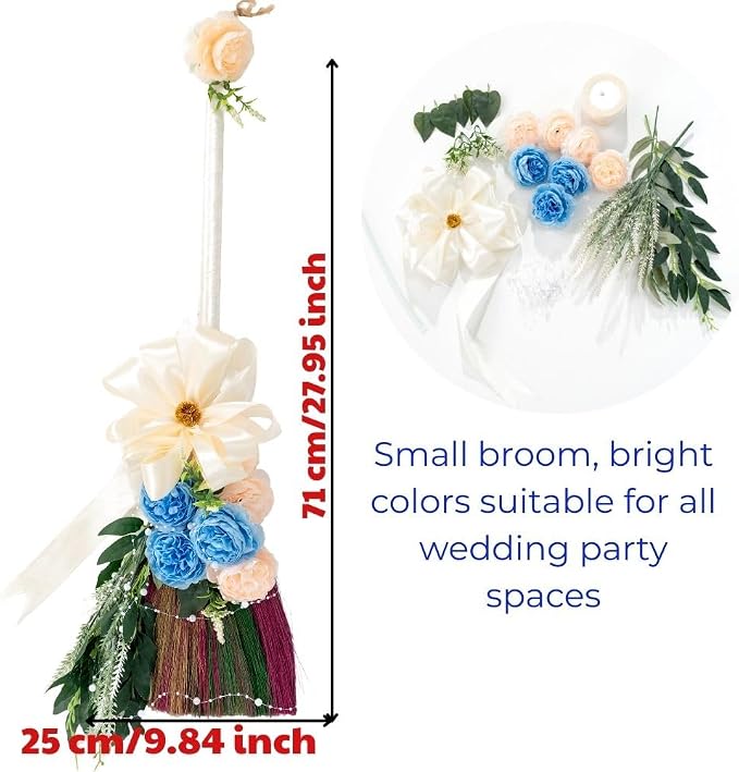 Elegant Wedding Brooms Bride Bridegroom, Jumping The Broom for Wedding, Natural Whisk Broom with Ribbons, Artificial Pearl, Leaves,Roses for Decorative