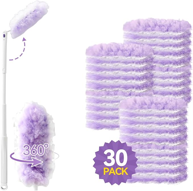 3 ft Extendable Handle with 30 Count Duster Refills, Long Handle Heavy Duty Microfiber Feather Duster, Disposable Multi Surface Duster Kit for Ceiling Fans, Vents and Hard to Reach Places