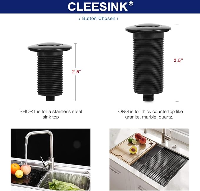 Garbage Disposal Switch, Cordless Air On Off Kit for Food Waste Disposer, Plastic Black, SHORT 2.5" Sink Top Push Button by CLEESINK