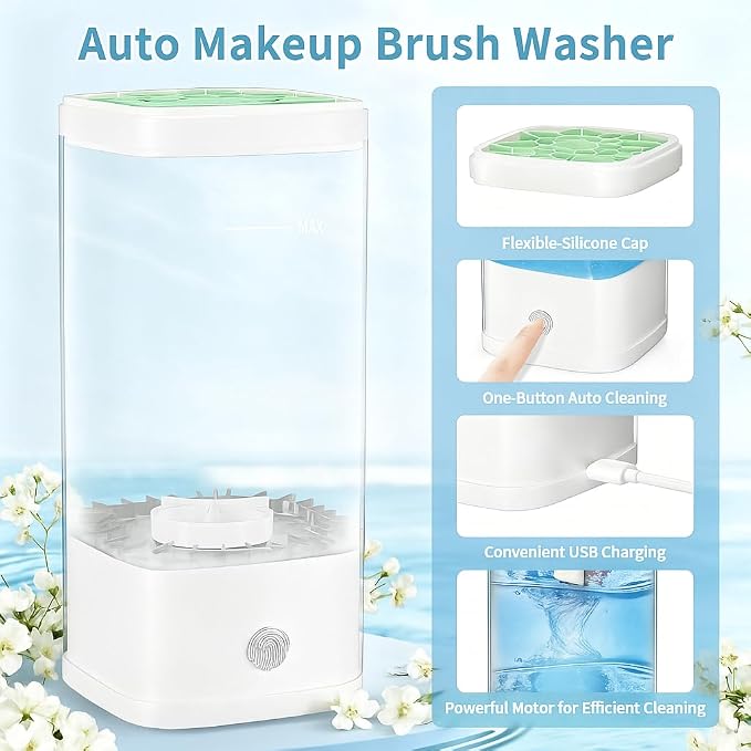 Electric Makeup Brush Cleaner - 9000 RPM Makeup Brush Cleaning Machine with Dry Function - IP65 Waterproof Automatic Makeup Brush Cleaner for Makeup Sponges and Brushes Cosmetic Brush Cleaner Plug-in