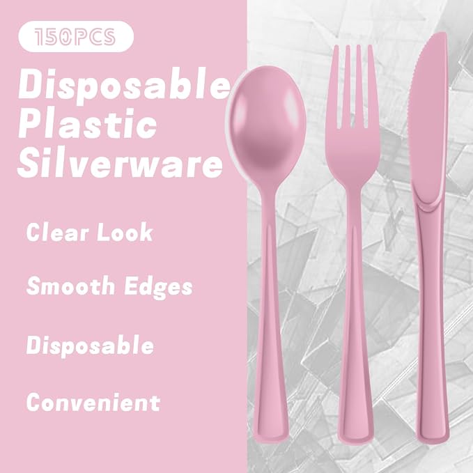 Plastic Silverware 150 PCS Disposable Silverware Heavy Duty Utensil Sets 50 Of Each Forks Knives & Spoons Disposable Cutlery Set For Easter,Birthday,Baby Shower,Garden Party,Wedding(150,Pink)