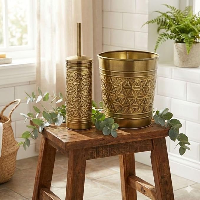 Autumn Alley Toilet Brush and Holder Set with Brushed Brass Bathroom Trash Can – Brass Bathroom Accessories Garbage Can Set for Rustic and Modern Bathroom Décor