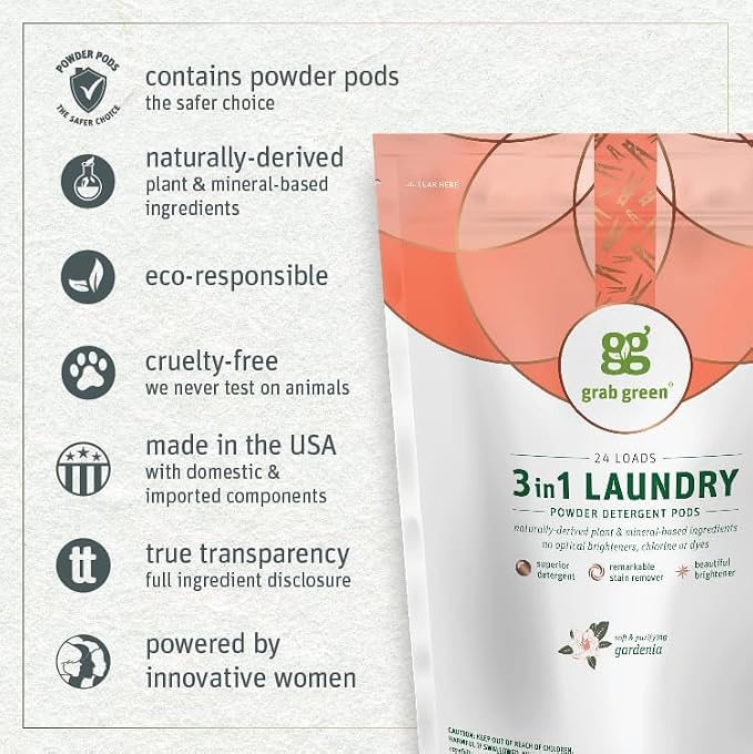 Grab Green 3-in-1 Laundry Detergent Pods, 24 Count, Gardenia | Plant & Mineral-Based; Enzyme-Powered; Velcro Closure; Laundry Brightener; Stain Remover