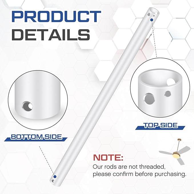 VIHOSE 24 Inch Ceiling Fan Downrod with Extension Cord 2 ft White Downrod for Ceiling Fan 1 Inch Outside Diameter Not Threaded Suitable for a Wide Range of Fans