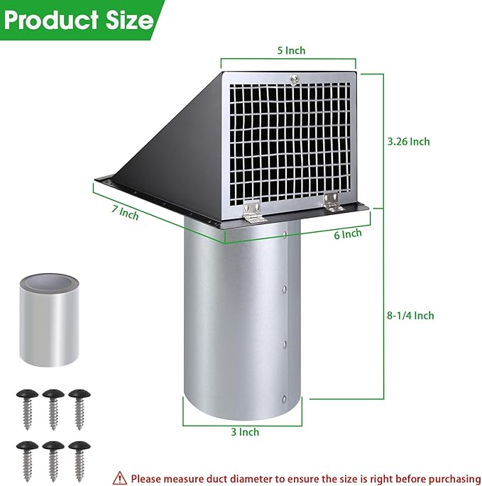 3 Inch Dryer Vent Cover Outside,Hooded Wall Vent with Screen and Damper,3" Exterior Vent Cover Dryer Exhaust Vent Cover,Metal Dryer Vent Hood Cap for Outdoor Dryer Duct/Range Hood/AC Air Vent-Black