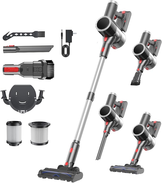 Cordless Vacuum Cleaner, Stick Vacuum Rechargeable, 550W 45KPA Powerful Suction Lightweight Vacuum Cleaners for Home, Anti-Tangle, Self Standing for Pet Hair Hardwood Floor Carpet - Silver