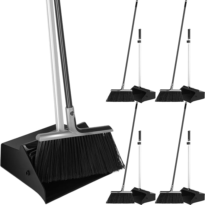 Lallisa 4 Pack Commercial Broom and Dustpan Combo Set 58'' Long Handle Upright Broom with 4-Layer Bristles Standing Dustpan Heavy Duty Lobby Dust Pan Bulk for Home Kitchen Office Indoor Outdoor Use