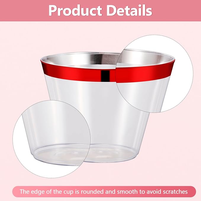 100 Pcs Red Rimmed Plastic Cups, 9 oz Disposable Wine Glasses, Elegant Cocktail Cup, Hard Plastic Drinking Cup, Clear Party Cups for Wedding, Birthday, Family Gatherings, Holiday