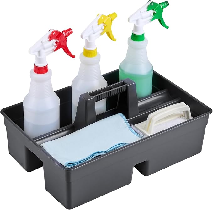 Restaurantware-RW Clean 15.9 x 10.6 x 6.9 Inch Cleaning Caddy, 1 Triple Compartment Cleaning Supply Caddy - With Handle, Crack-Resistant, Black Plastic Cleaning Basket, For Cleaning Supplies,