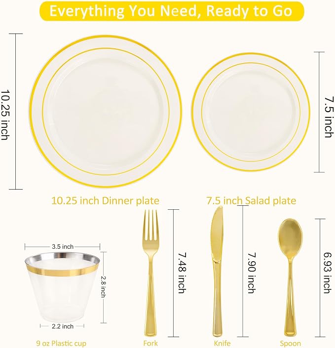 WELLIFE 350PCS Ivory Plastic Plates for 50 Guests -Thanksgiving Plates,Thanksgiving Decorations,Disposable Plate for Party and Wedding
