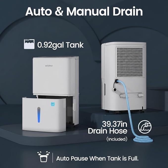 Waykar 120 Pints 2025 Energy Star Home Dehumidifier for Spaces up to 6,000 Sq. Ft, Ideal for Basement, Bathroom and Large Room with Drain Hose, Portable, Auto Defrost and Self-Drying
